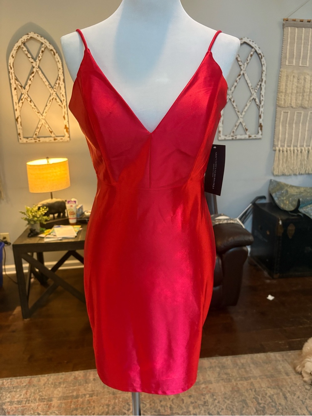 Sophia Thomas Red Satin Spaghetti Strap V-Neck Cocktail Dress